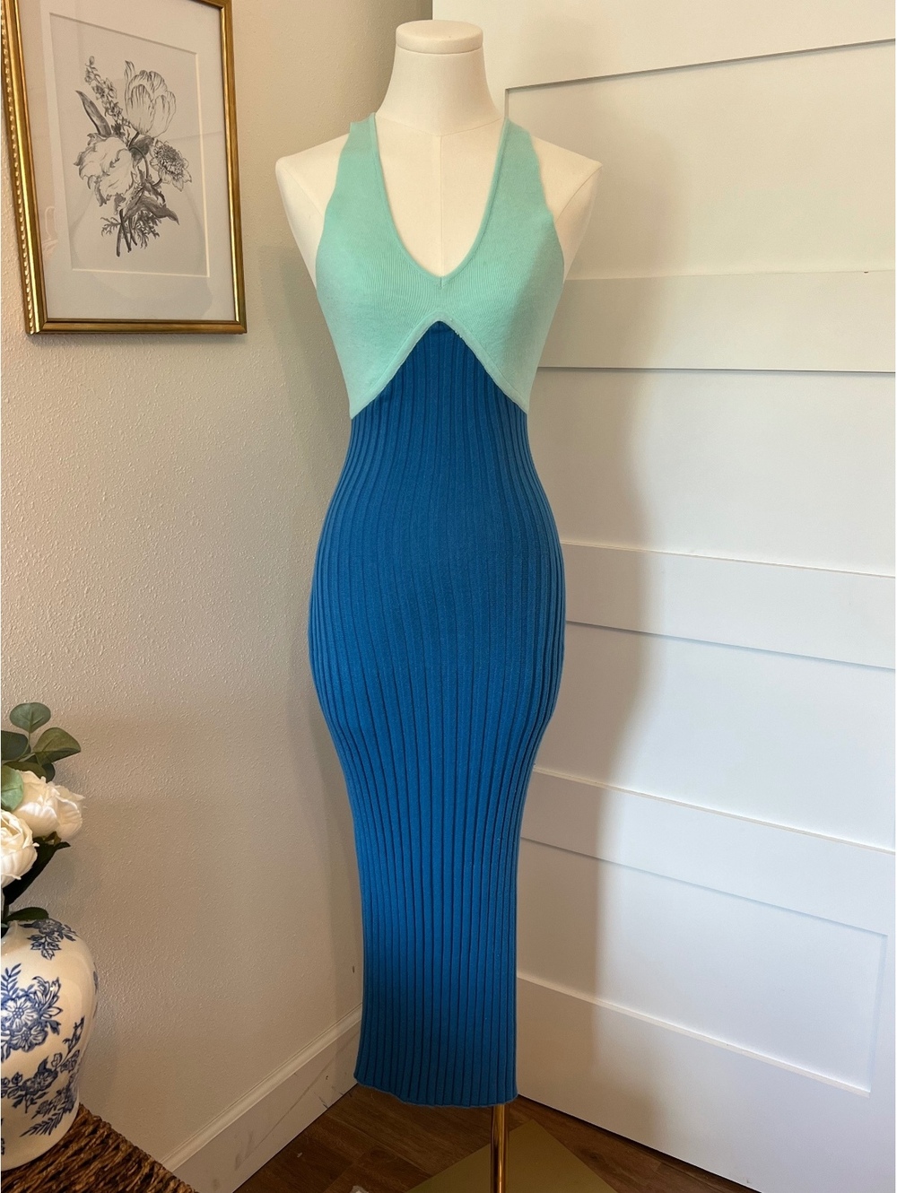 Blue & Mint Green Ribbed Knit Maxi Dress
